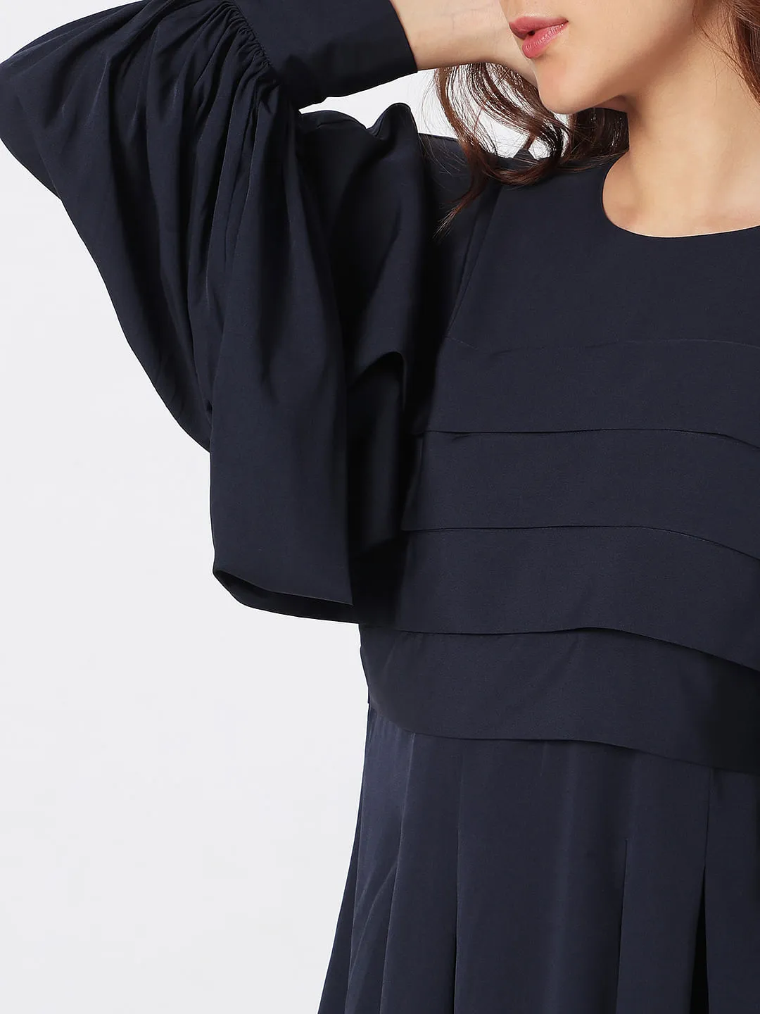 Navy Blue Pleated Shift Dress