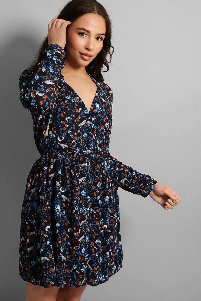 Navy Paisley Print Chain Detail Dress