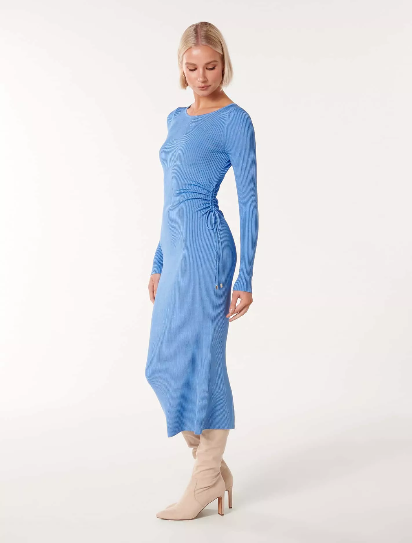 Olivia Ruched Rib Midi Knit Dress