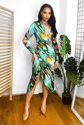 Orange Blue Abstract Print Slinky Midi Dress