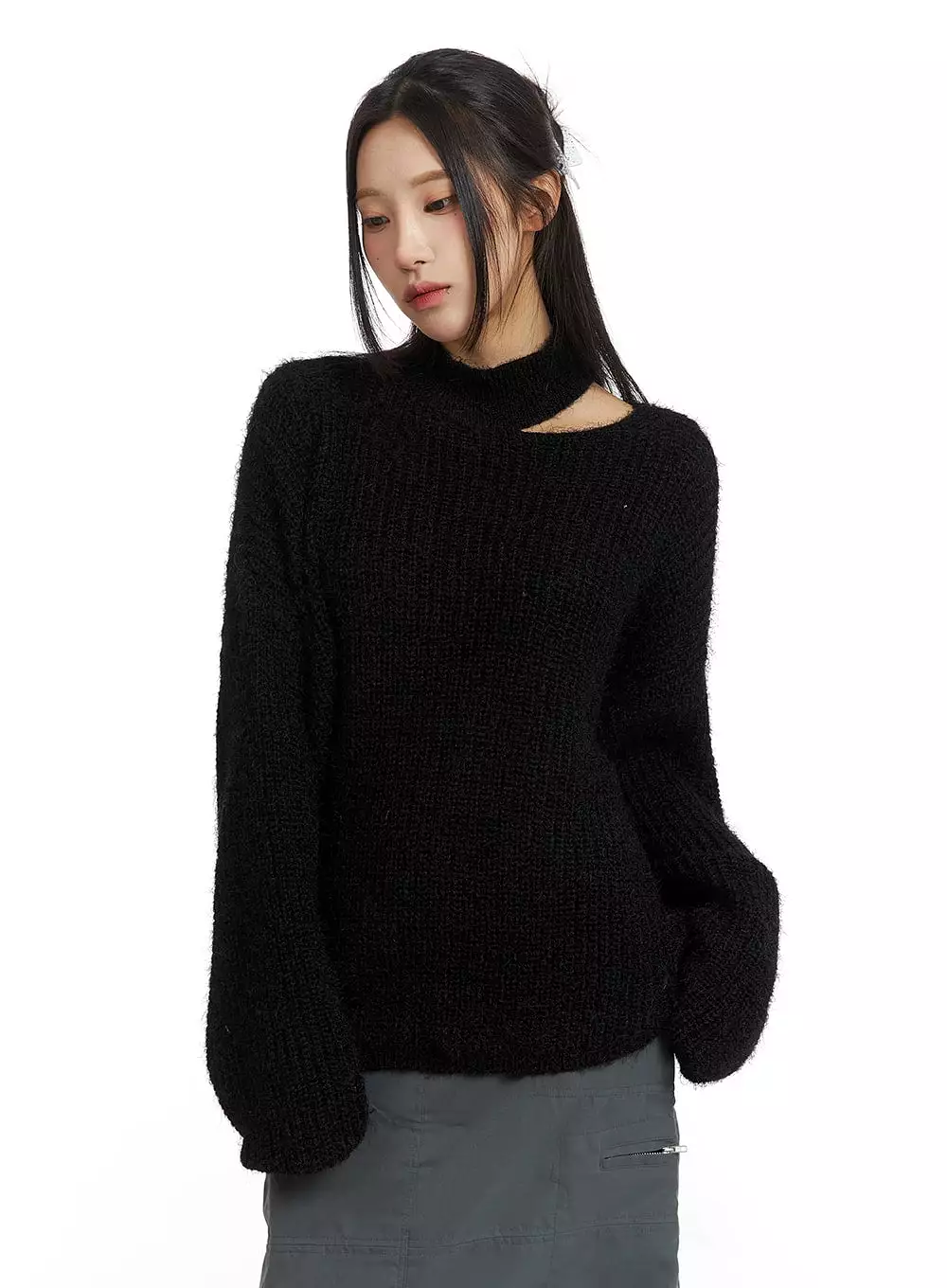 Oversized Asymmetrical Neck Knit Sweater CJ417