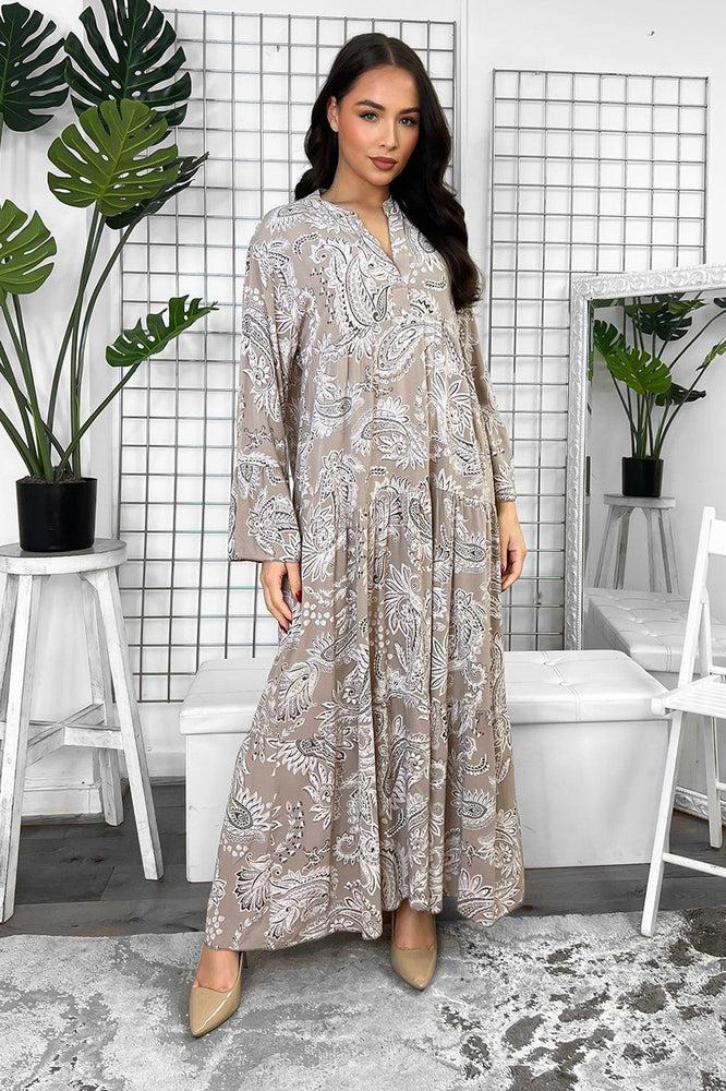 Pailey Print Grandad Collar Tiered Maxi Dress