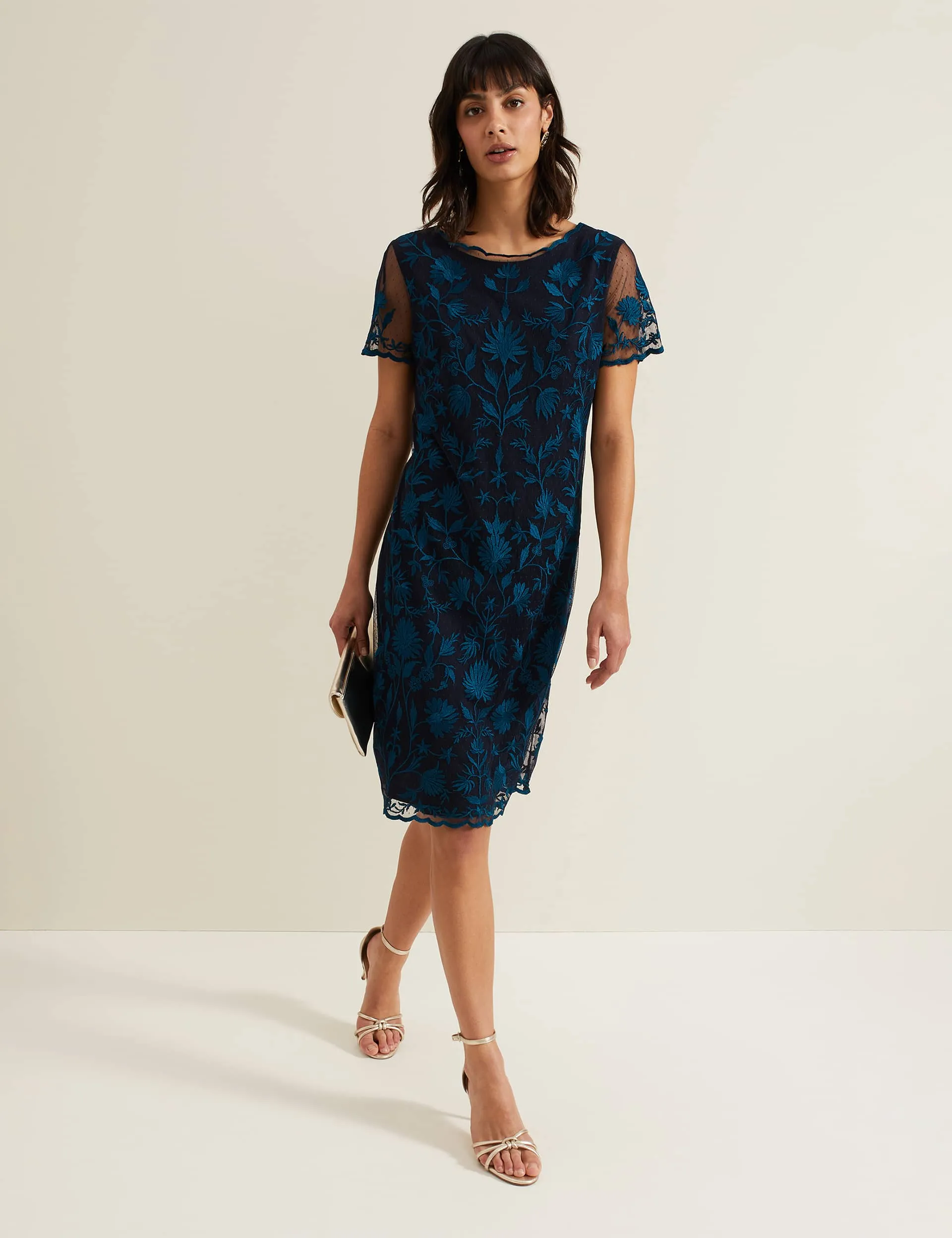 Phase Eight Women's Embroidered Round Neck Knee Length Shift Dress - 8 - Navy Mix, Navy Mix