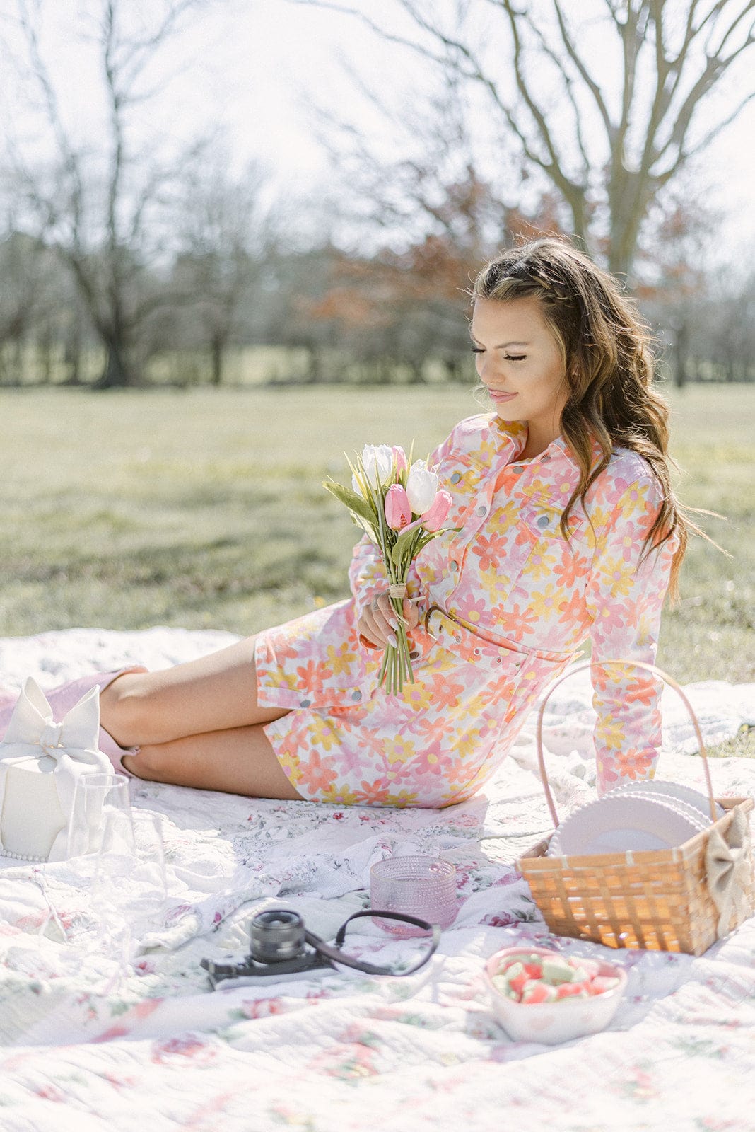 Pink & Orange  Flower Belted Denim Dress