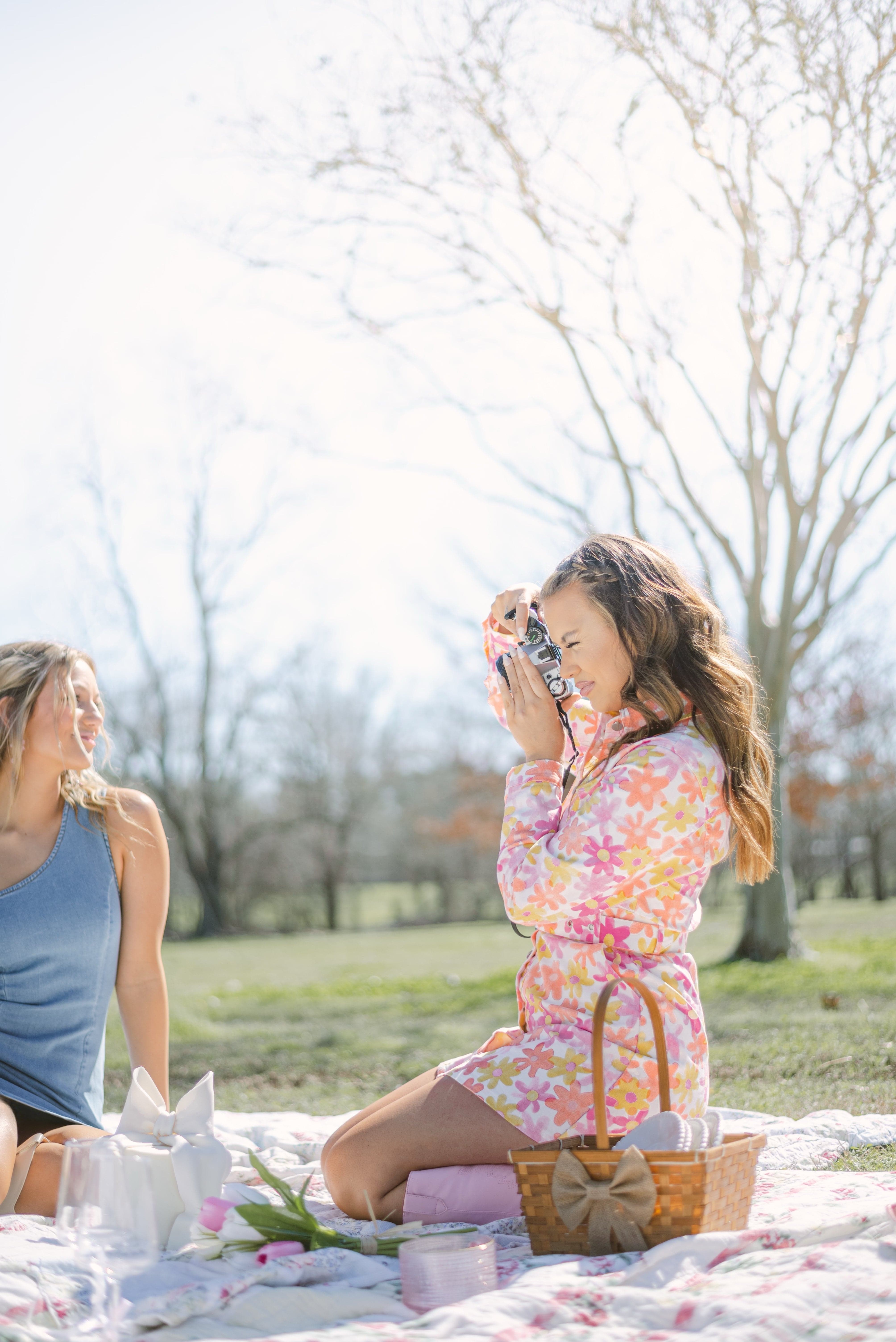 Pink & Orange  Flower Belted Denim Dress