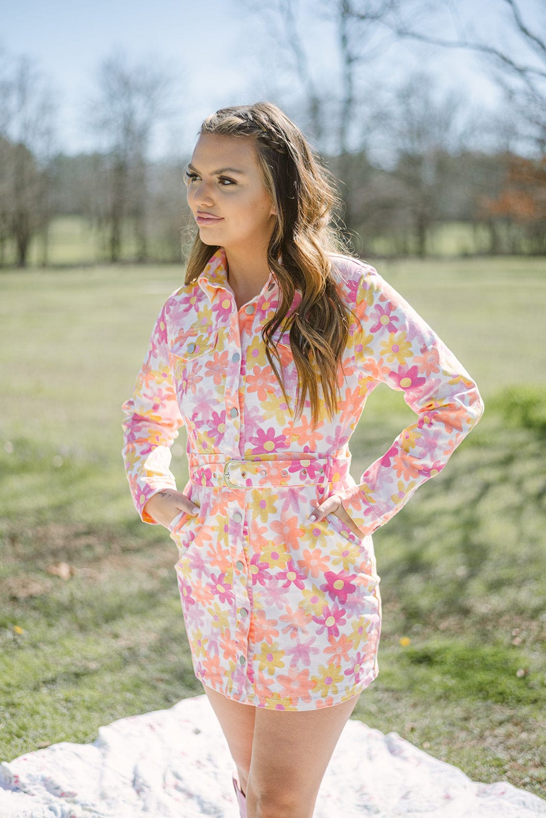 Pink & Orange  Flower Belted Denim Dress