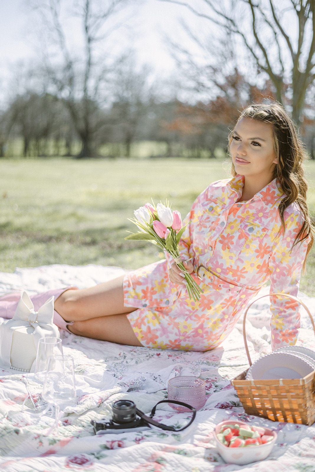 Pink & Orange  Flower Belted Denim Dress