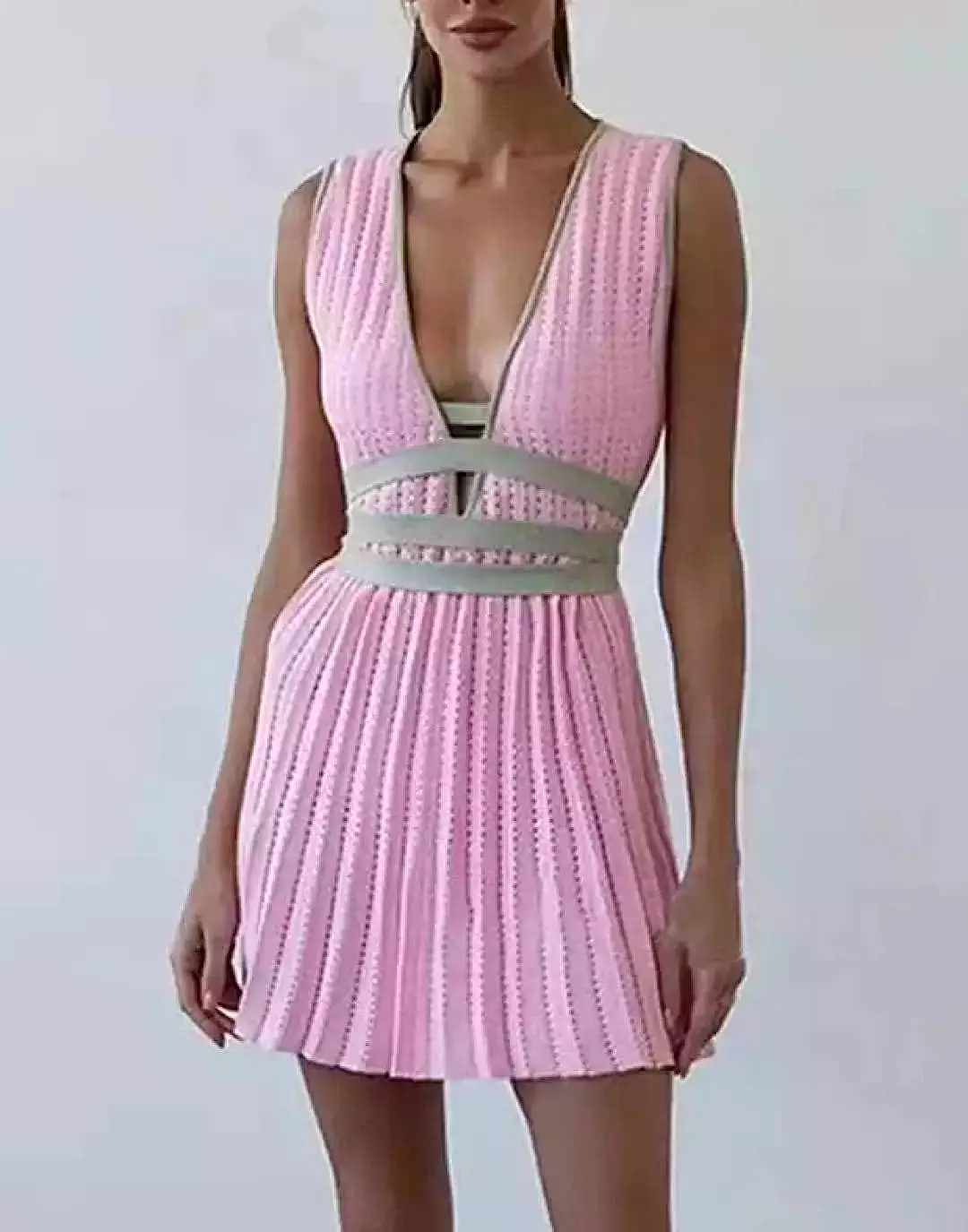 Pleated Color Block Mini Knit Dress