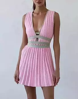 Pleated Color Block Mini Knit Dress