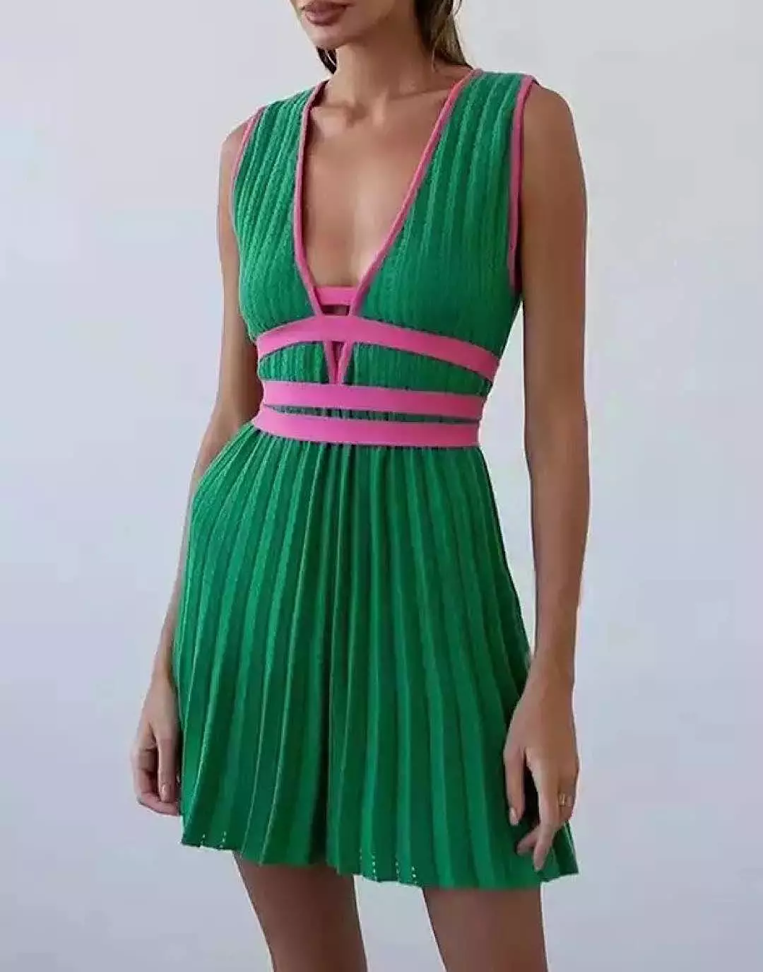 Pleated Color Block Mini Knit Dress