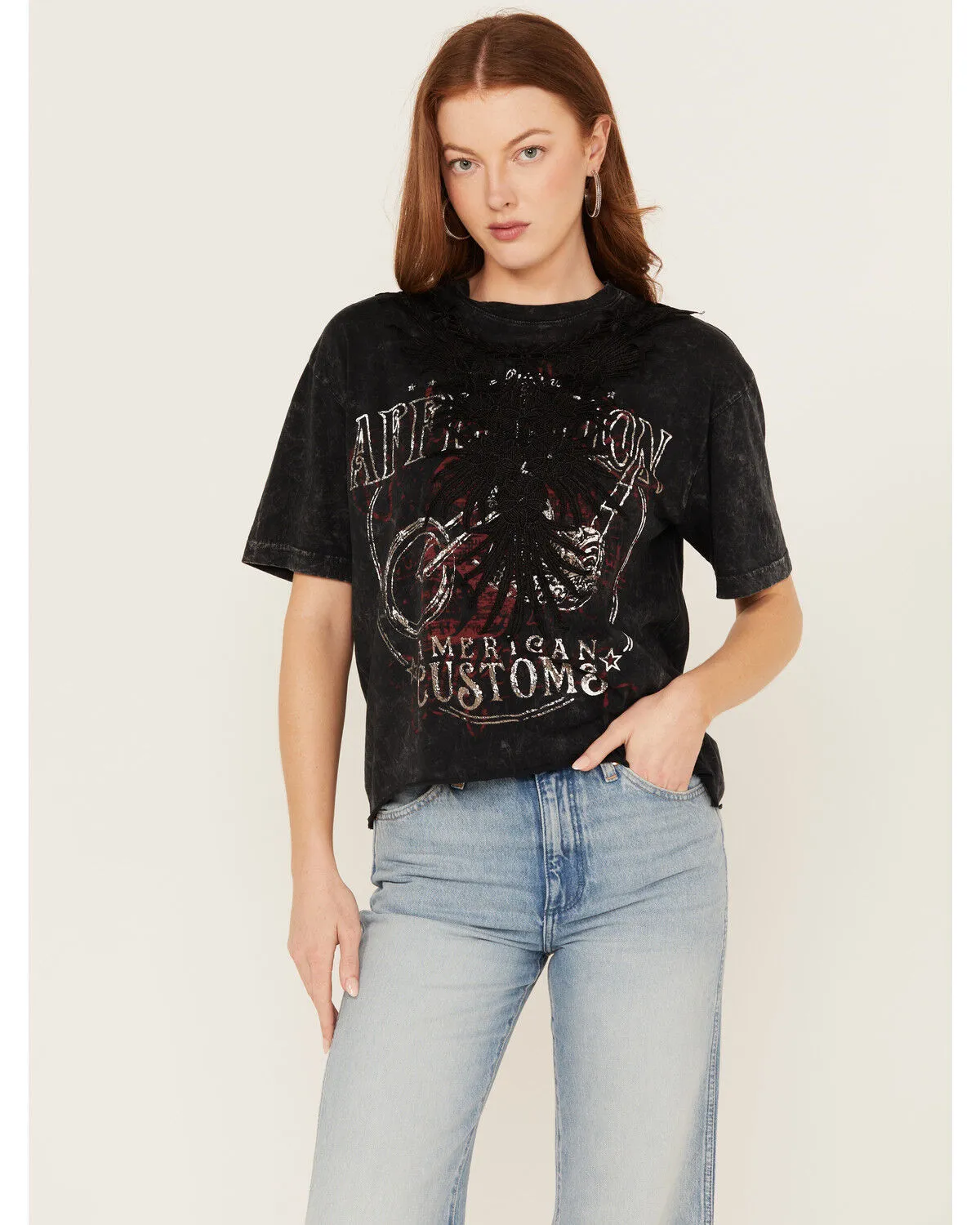 Product Name:  Affliction Women's Last Ride Cropped Fringe Graphic Tee