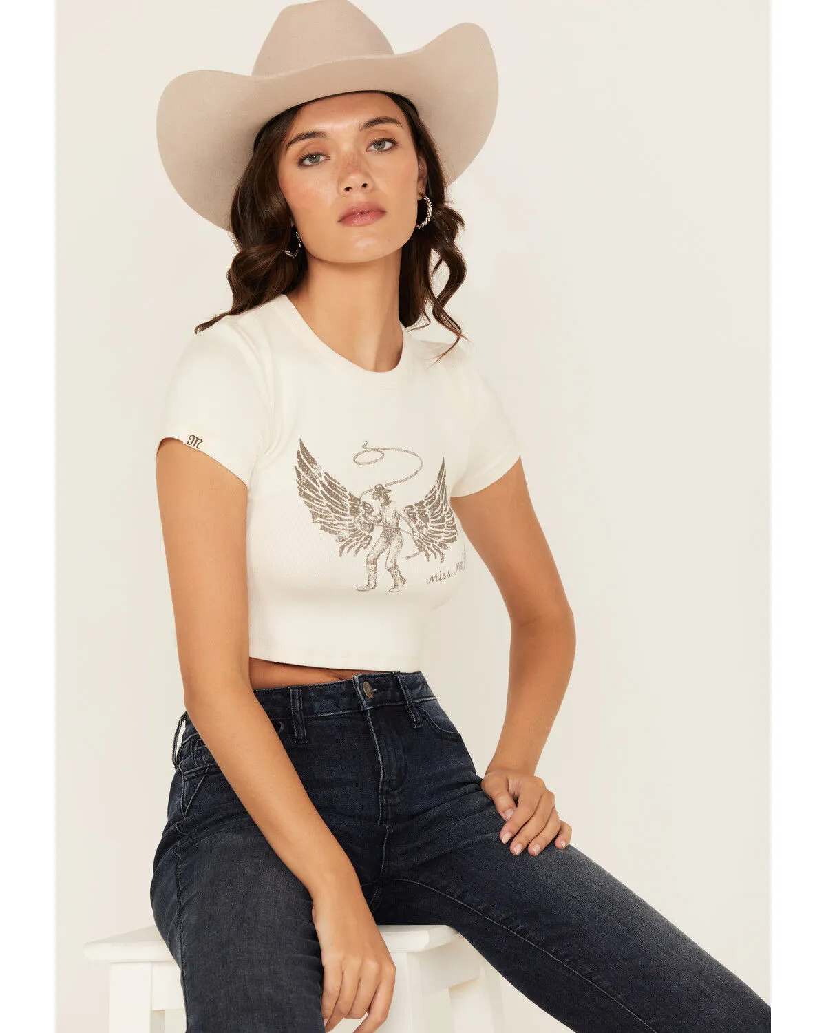 Product Name:  Miss Me Women's Angel Short Sleeve Cropped Graphic Tee