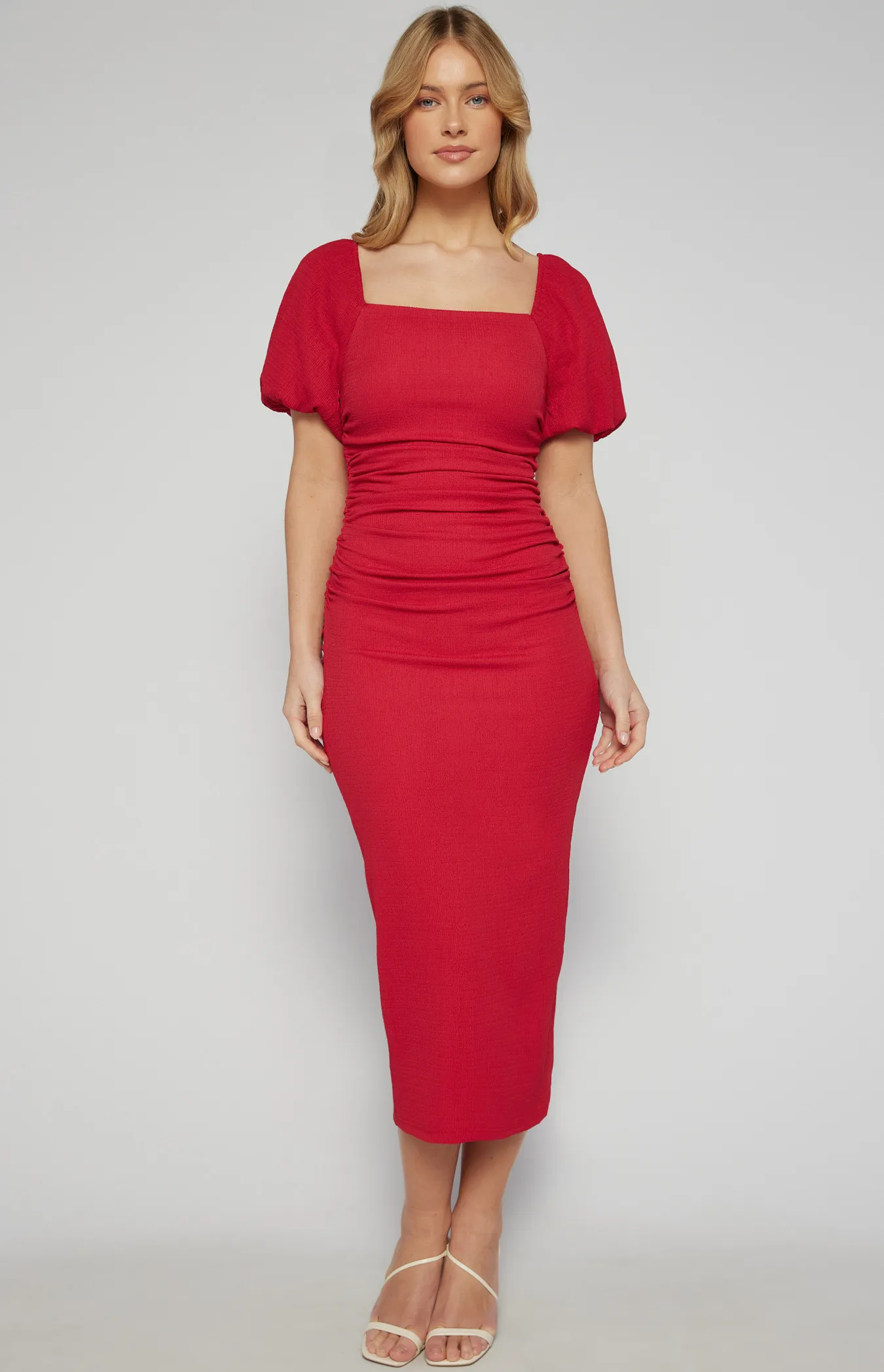 Puff Sleeve Ruched Detail Midi Dress (SDR1613B)