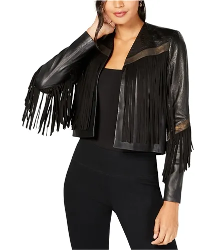 Rachel Zoe Womens Fringe-Trim Leather Jacket