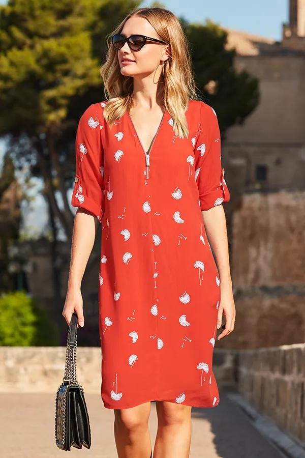 Red & White Dandelion Print Shift Dress