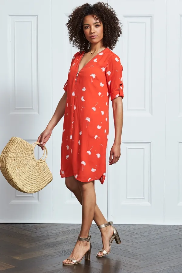 Red & White Dandelion Print Shift Dress