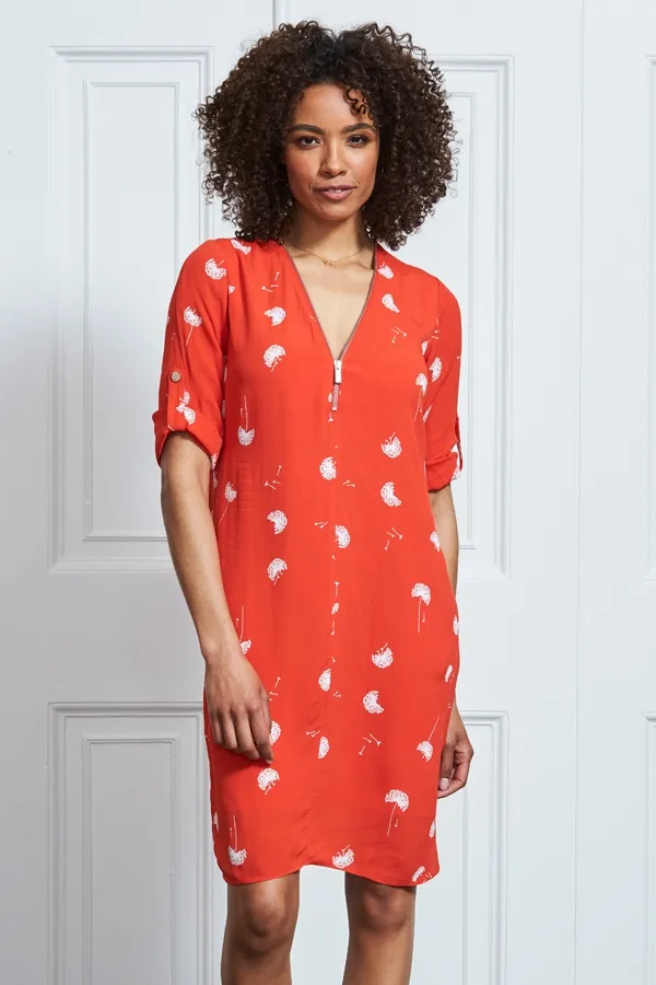 Red & White Dandelion Print Shift Dress