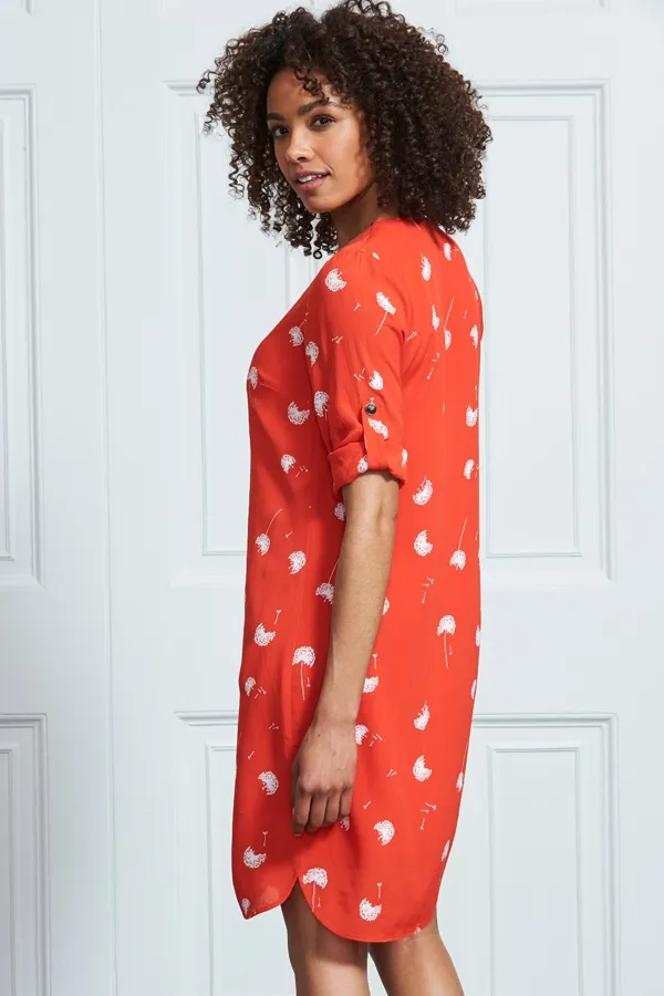 Red & White Dandelion Print Shift Dress