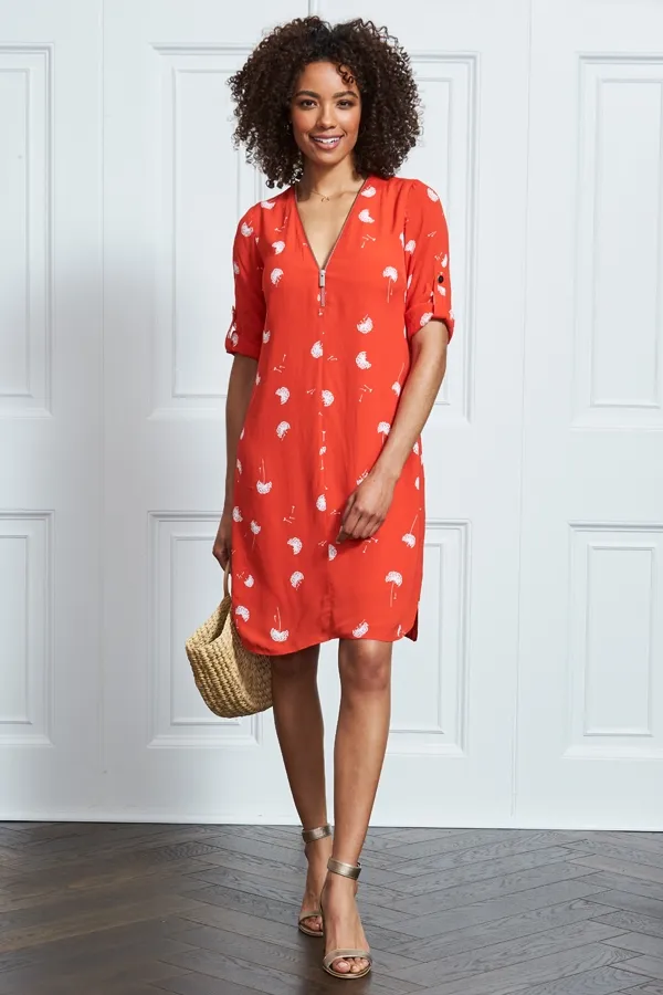 Red & White Dandelion Print Shift Dress