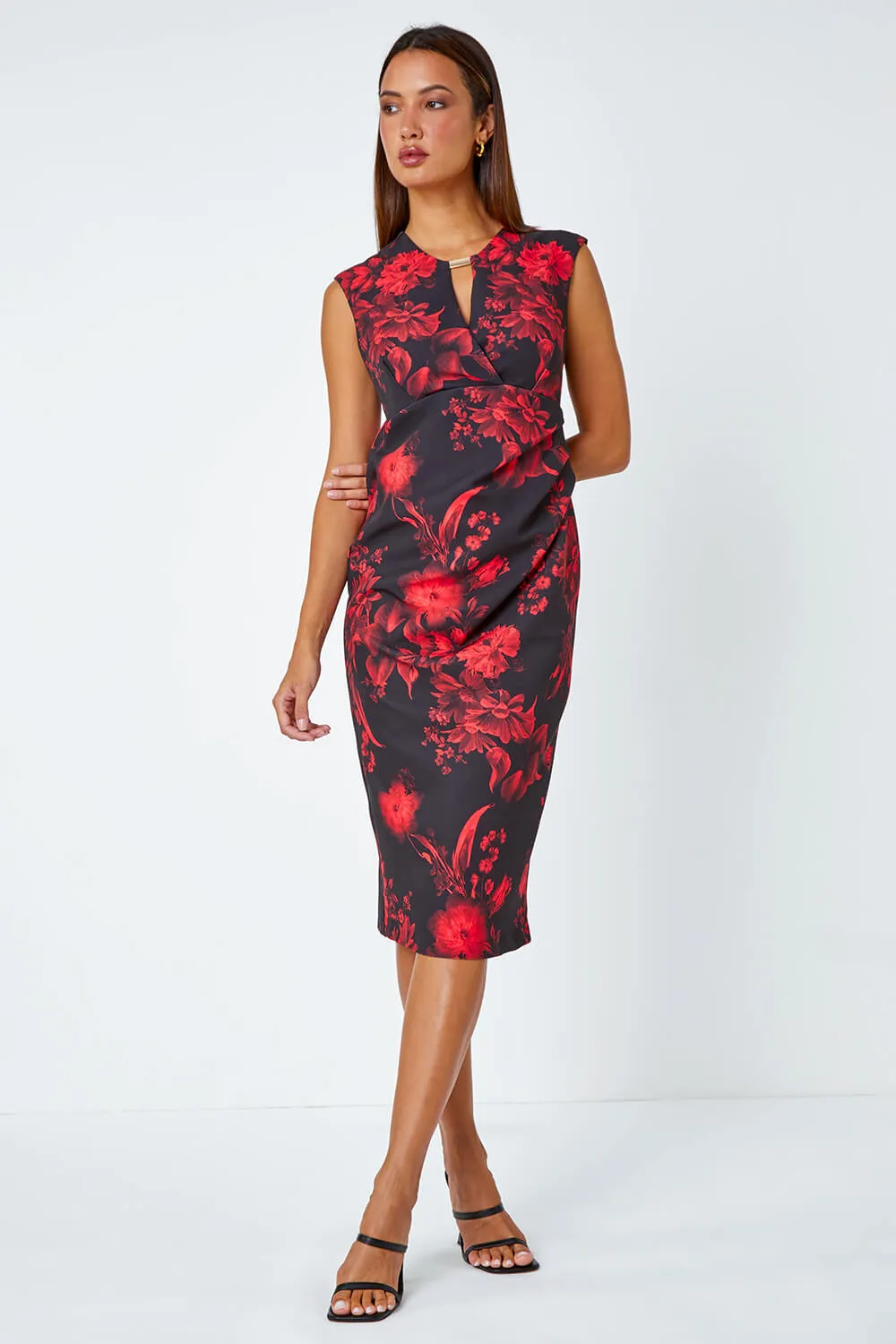 Red Floral Print Hardware Detail Shift Stretch Dress | Roman UK