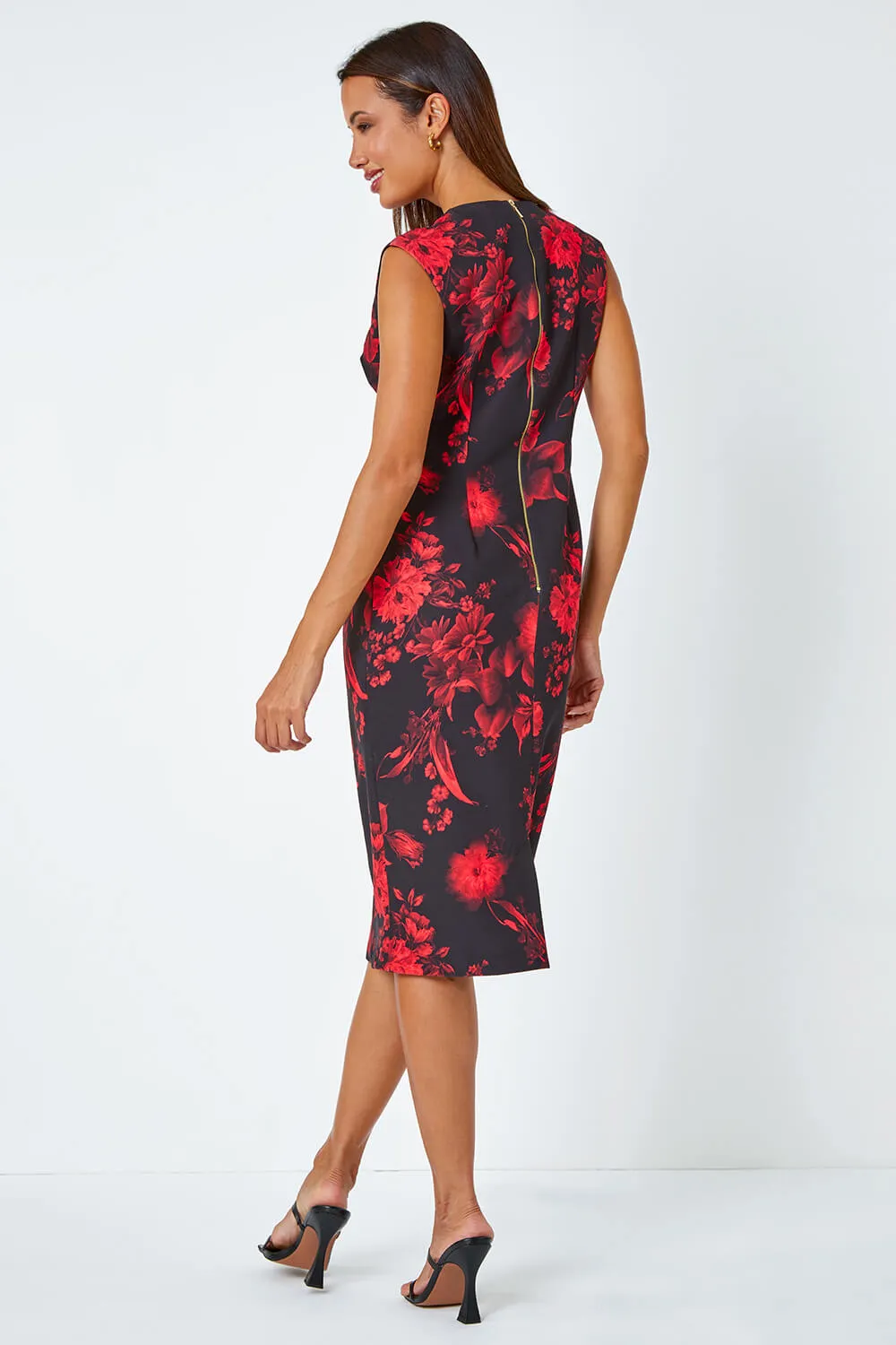 Red Floral Print Hardware Detail Shift Stretch Dress | Roman UK