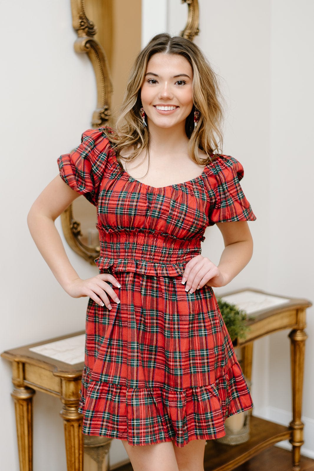 Red Plaid Smocked Dress