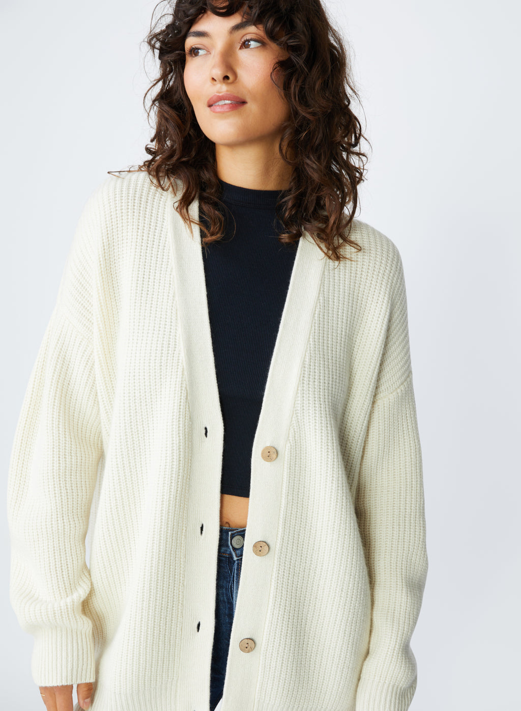 Ribbed Cashmere Oversized Cardigan Sweater in Cream