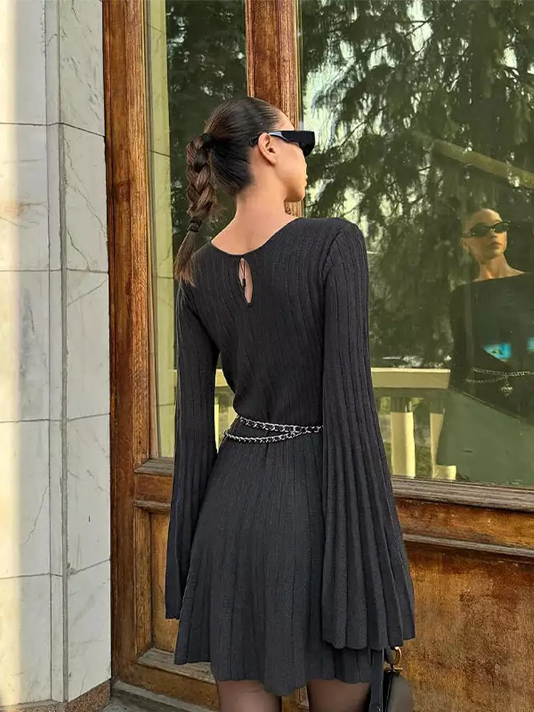 Ribbed Pleated Midi Fashion Knit Dress Women Autumn Long Sleeve High Waist O Neck Dresses