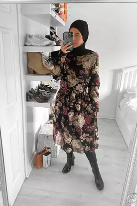 Self Tie Belt Floral Print Chiffon Modest Dress