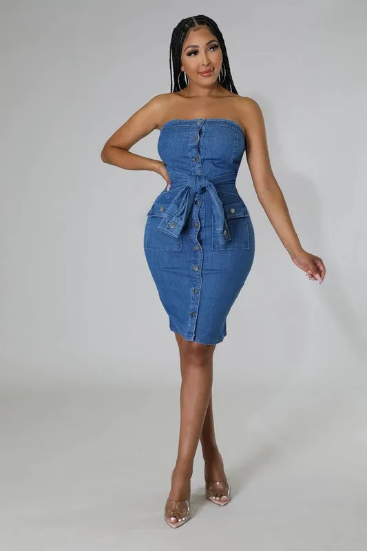 Self Tie Waist Denim Bodycon Dress