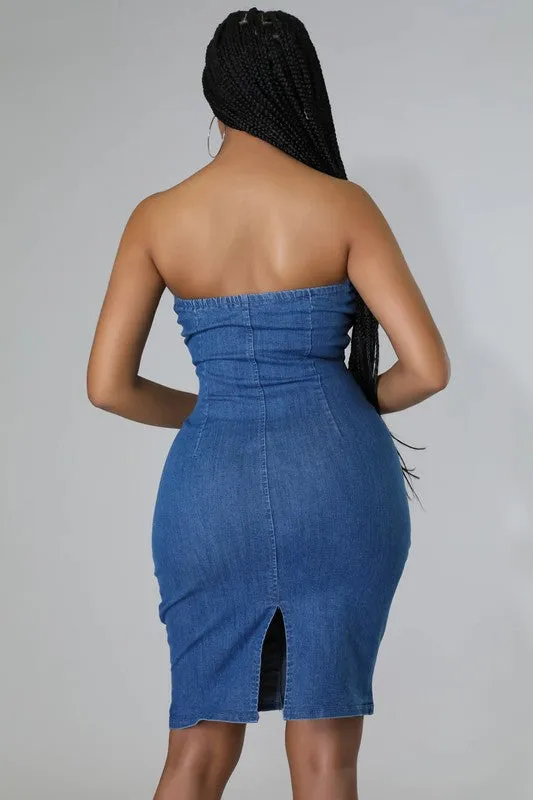 Self Tie Waist Denim Bodycon Dress