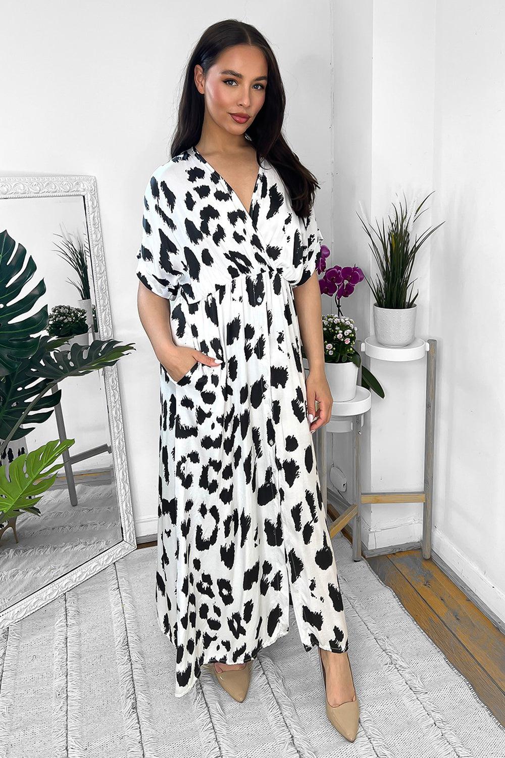 Silk Blend Black And White Snow Leopard Print Maxi Dress