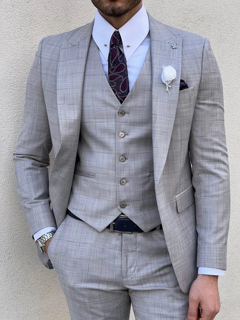 Slim Fit Plaid Wool Gray Suit