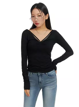 Slim Fit Shirred V-Neck Long Sleeve CM411