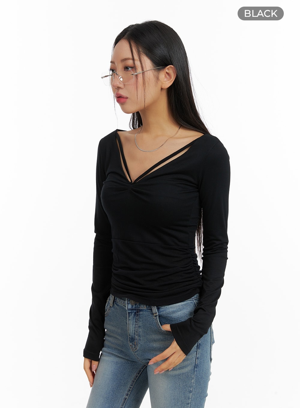 Slim Fit Shirred V-Neck Long Sleeve CM411