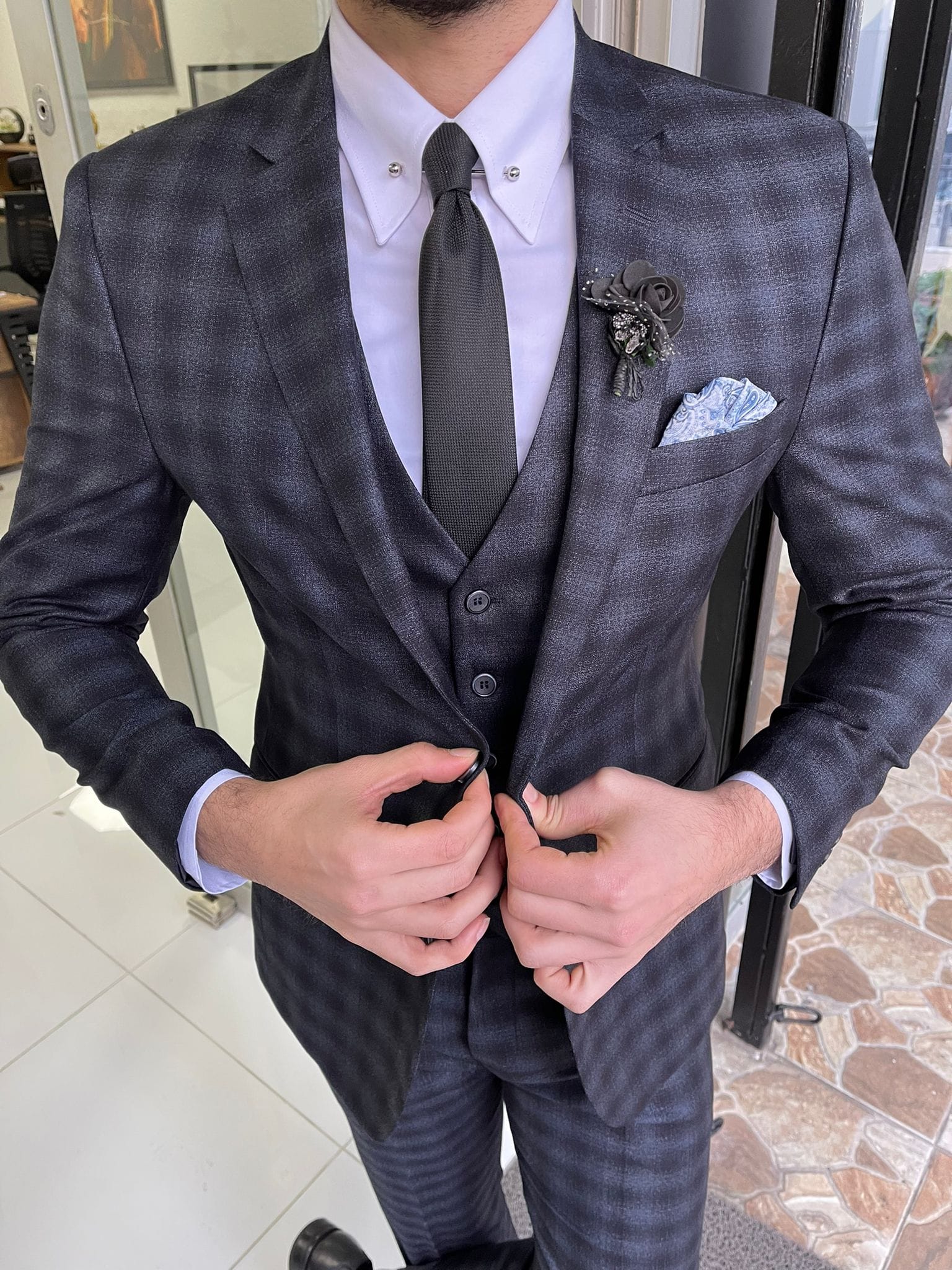 Slim Fit Wool Black Classic Suit