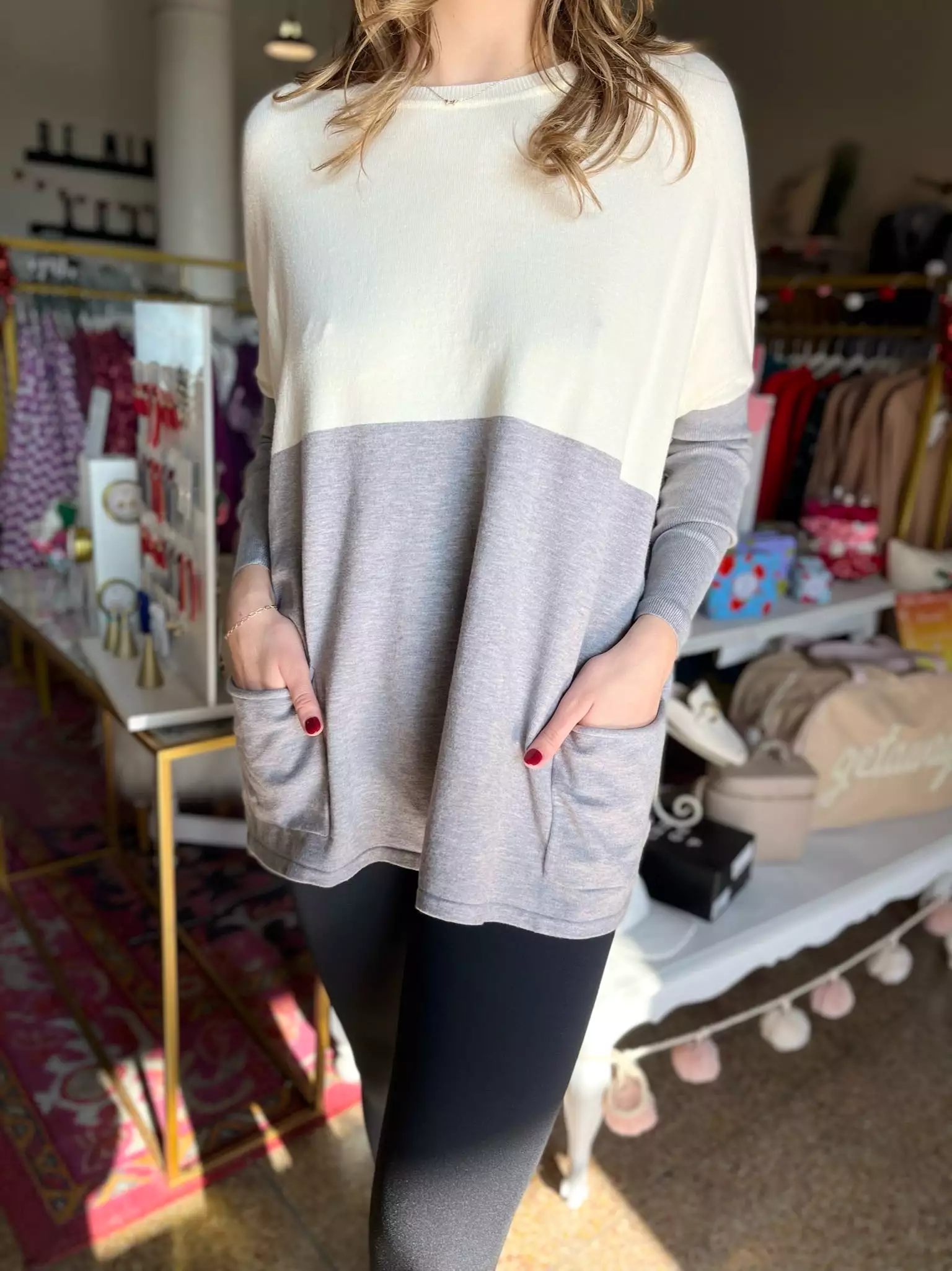 Soft Knit Oversized Sweater Top- Ivory/Grey