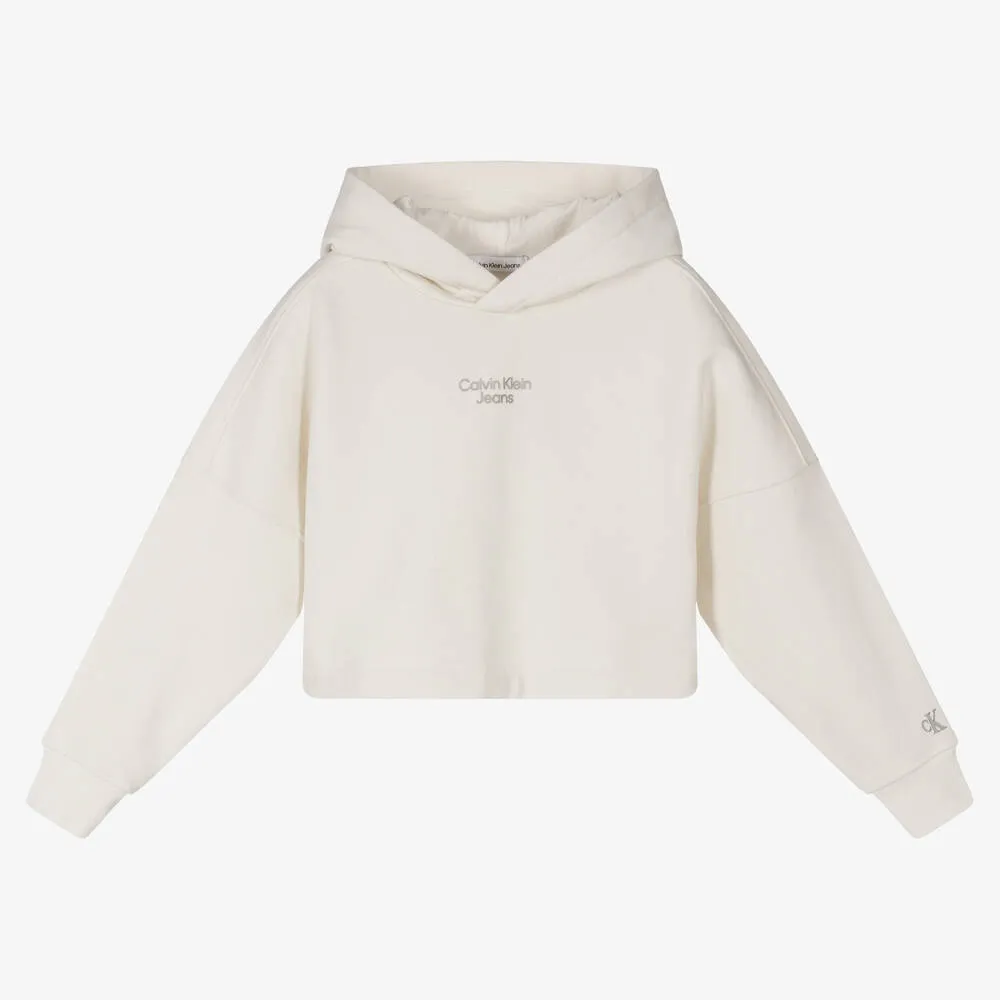 Teen Girls Ivory Crop Hoodie