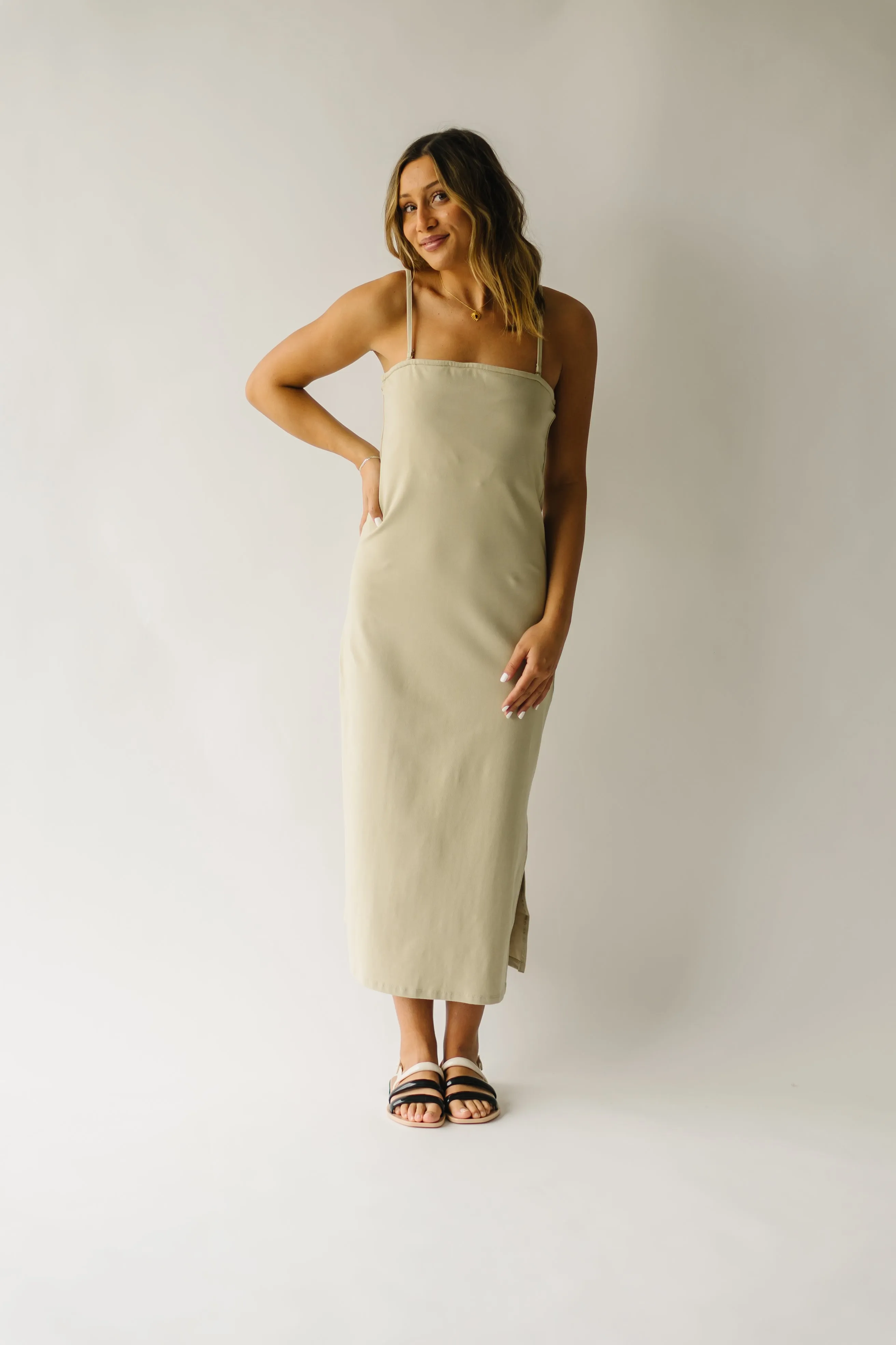 The Belinda Tank Knit Midi Dress in Khaki