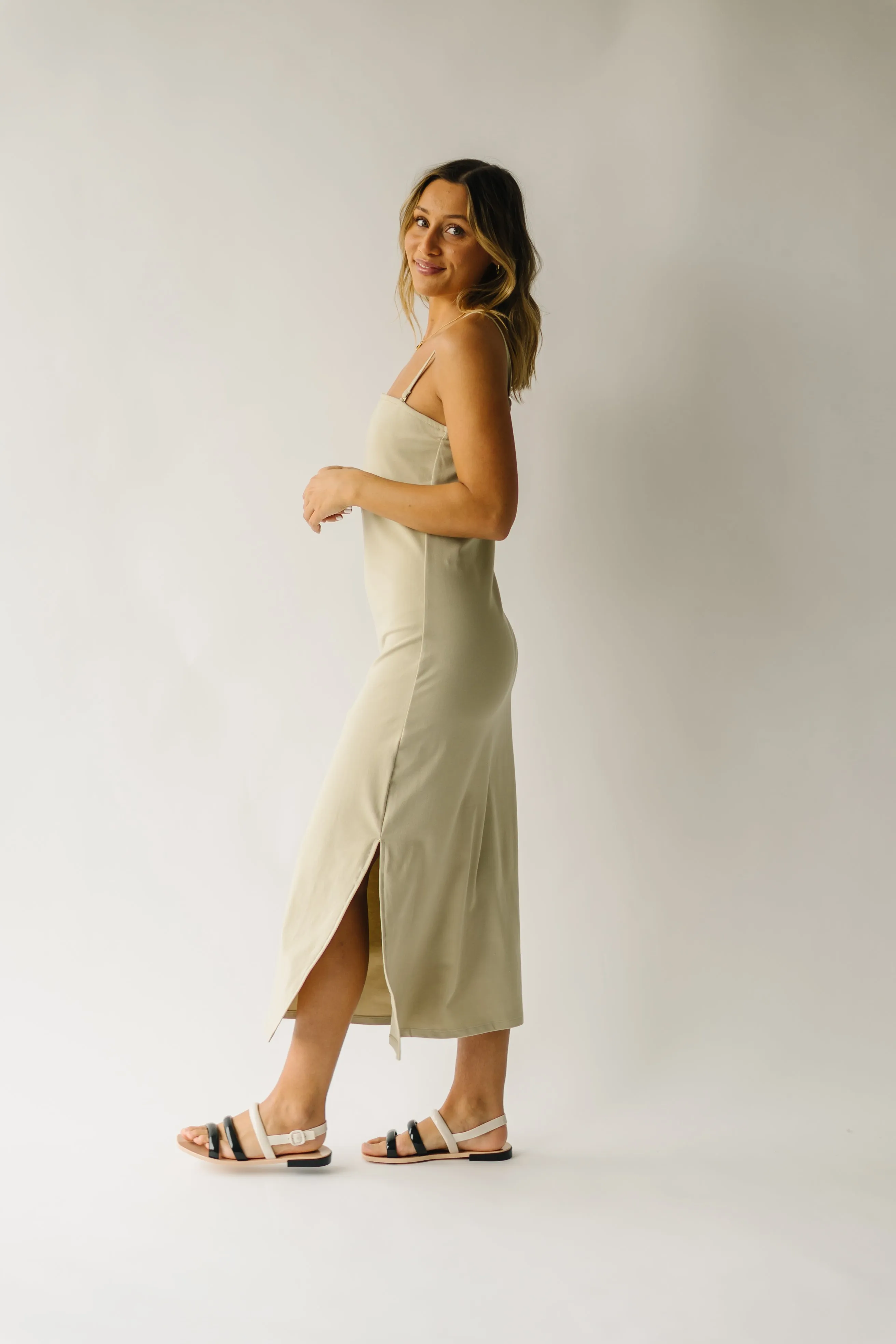 The Belinda Tank Knit Midi Dress in Khaki