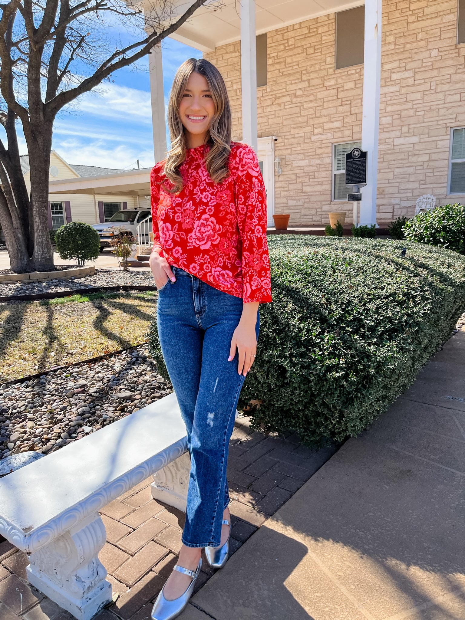 Tiana Floral Mock Neck Blouse- Pink/Red