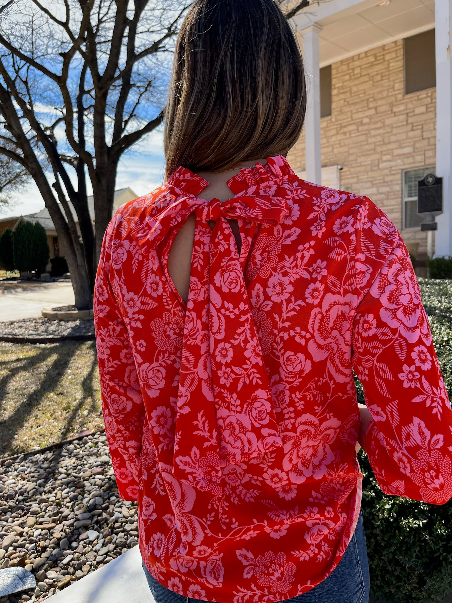 Tiana Floral Mock Neck Blouse- Pink/Red