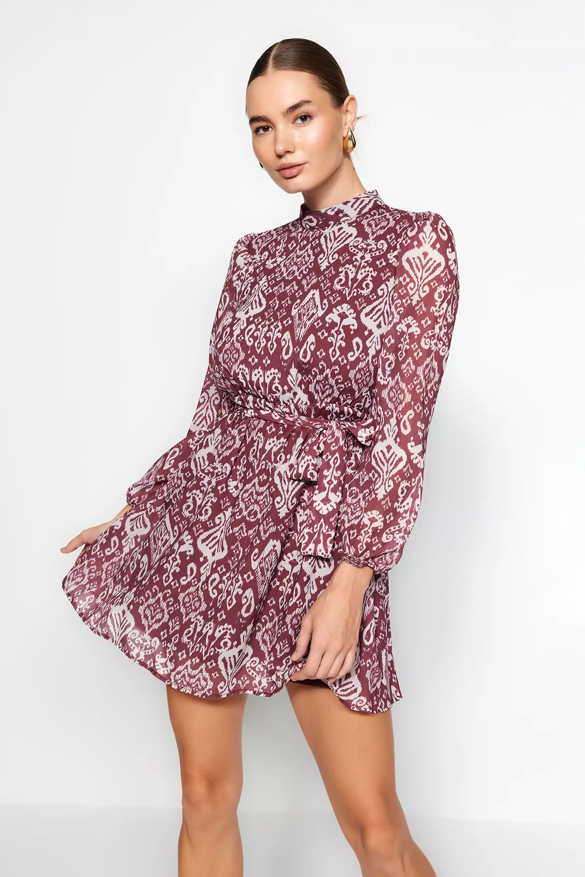 Trendyol Chiffon Pattern Mock Neck Mini Dress