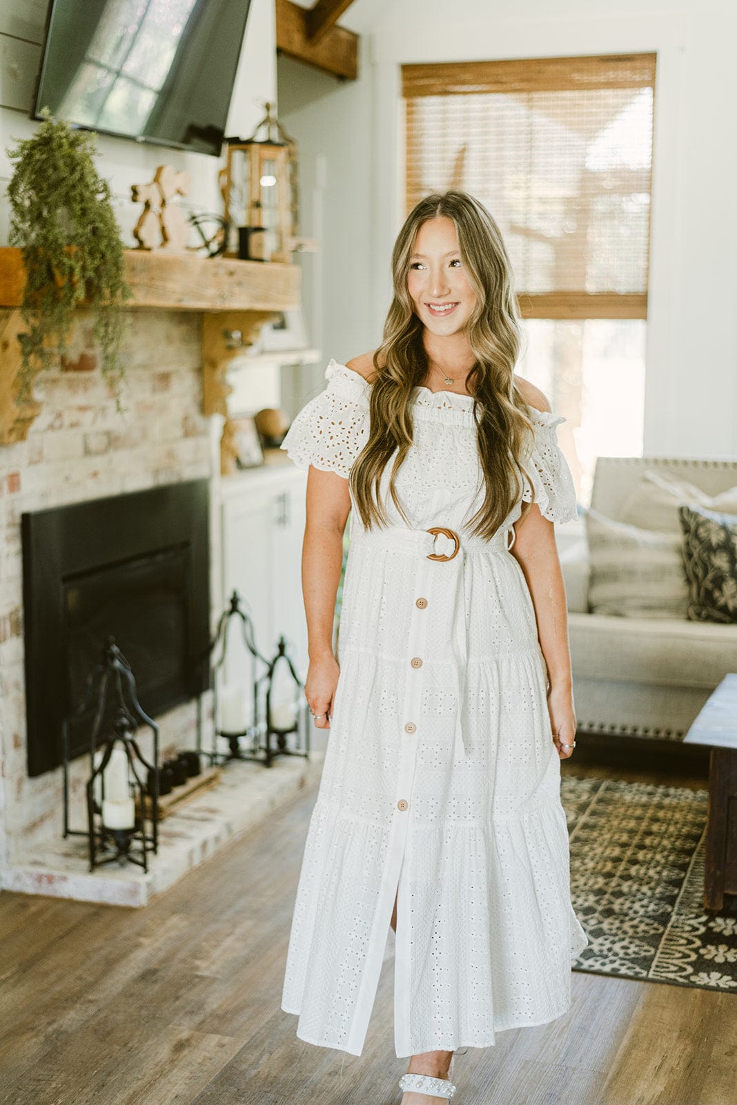 White Eyelet Lace Belted Maxi Dress