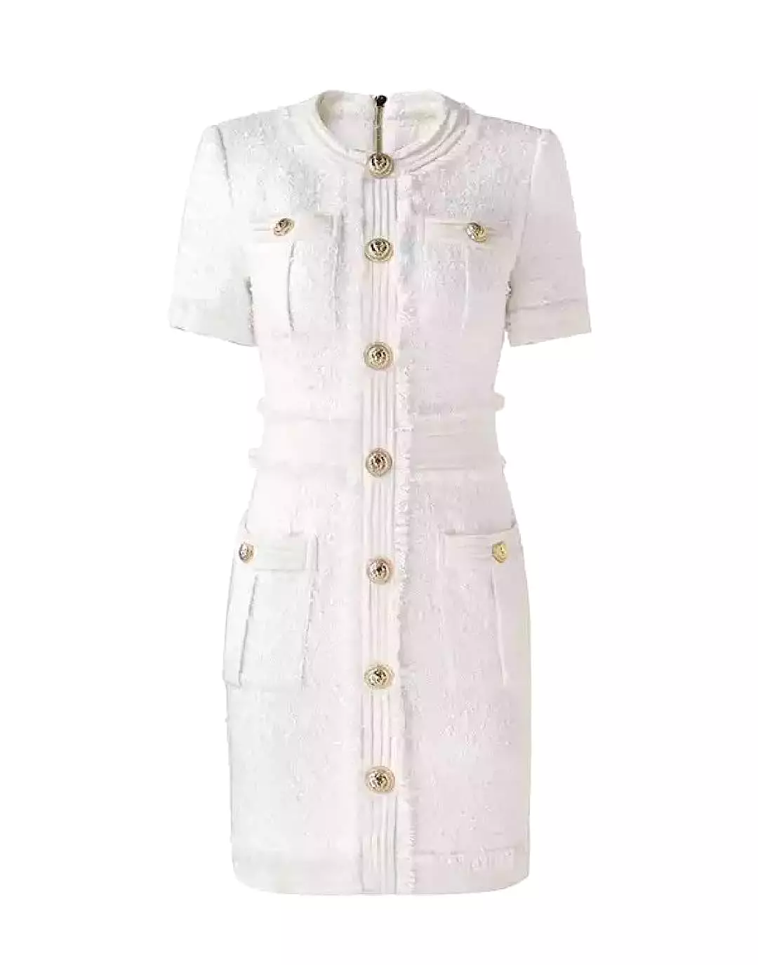 White Tweed Knit Gold Button Dress