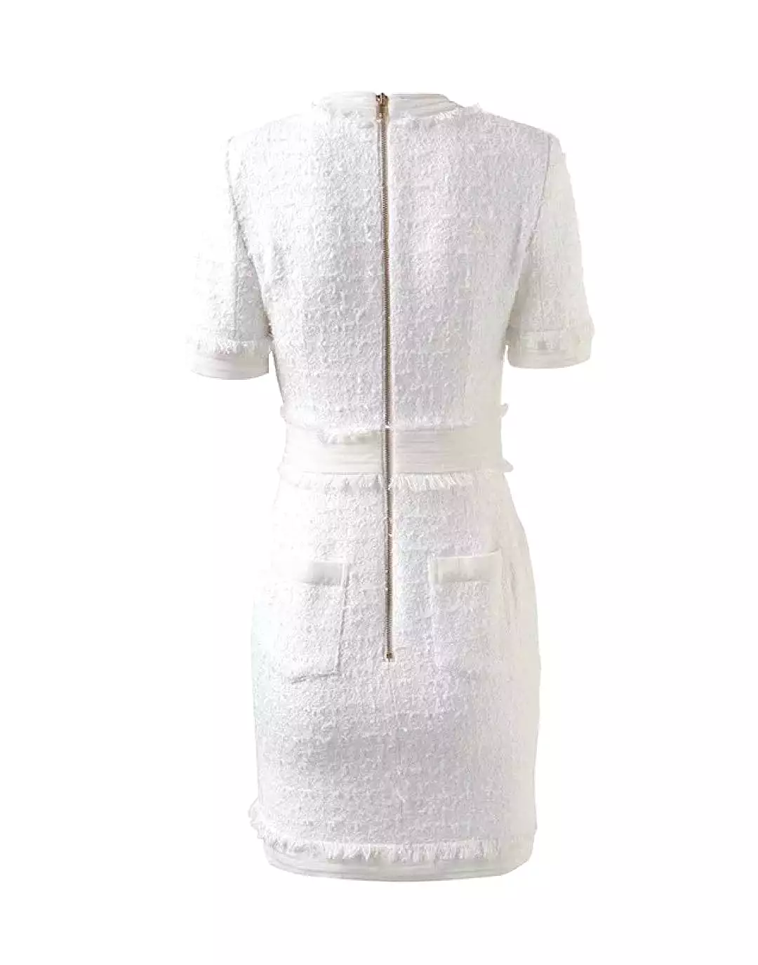 White Tweed Knit Gold Button Dress