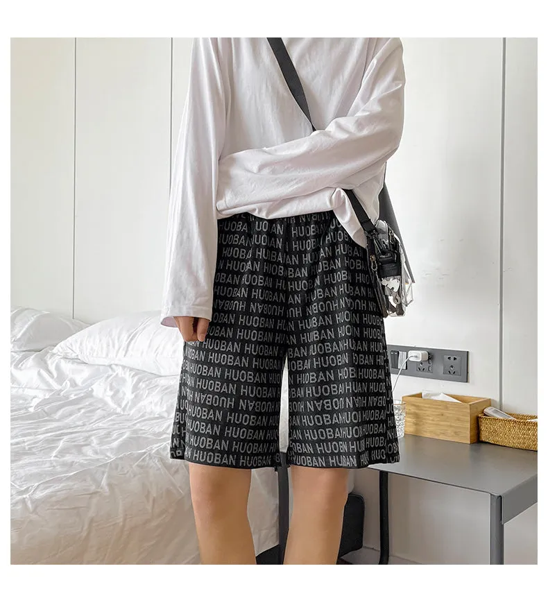 Xituodai Ins Fashion Print Casual Shorts Men Korean Baggy Straight Beach Bermuda Shorts Drawstring Basketball Knee-Length Pants