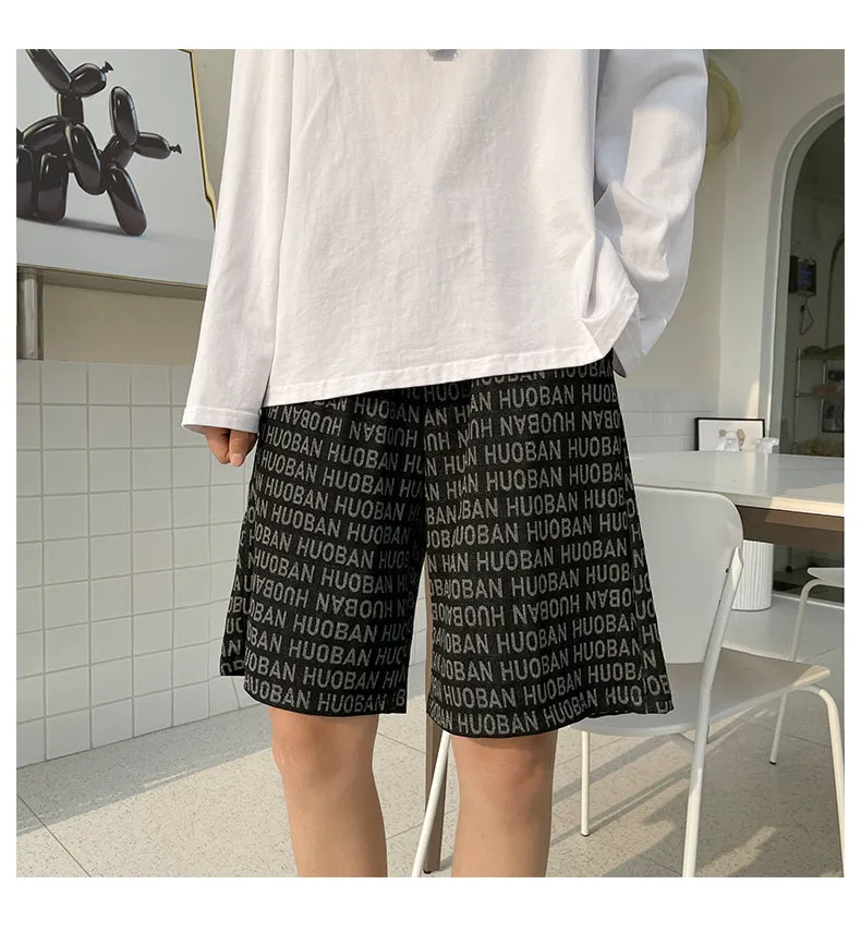 Xituodai Ins Fashion Print Casual Shorts Men Korean Baggy Straight Beach Bermuda Shorts Drawstring Basketball Knee-Length Pants