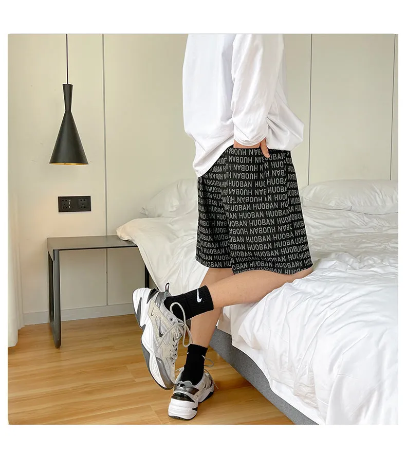 Xituodai Ins Fashion Print Casual Shorts Men Korean Baggy Straight Beach Bermuda Shorts Drawstring Basketball Knee-Length Pants