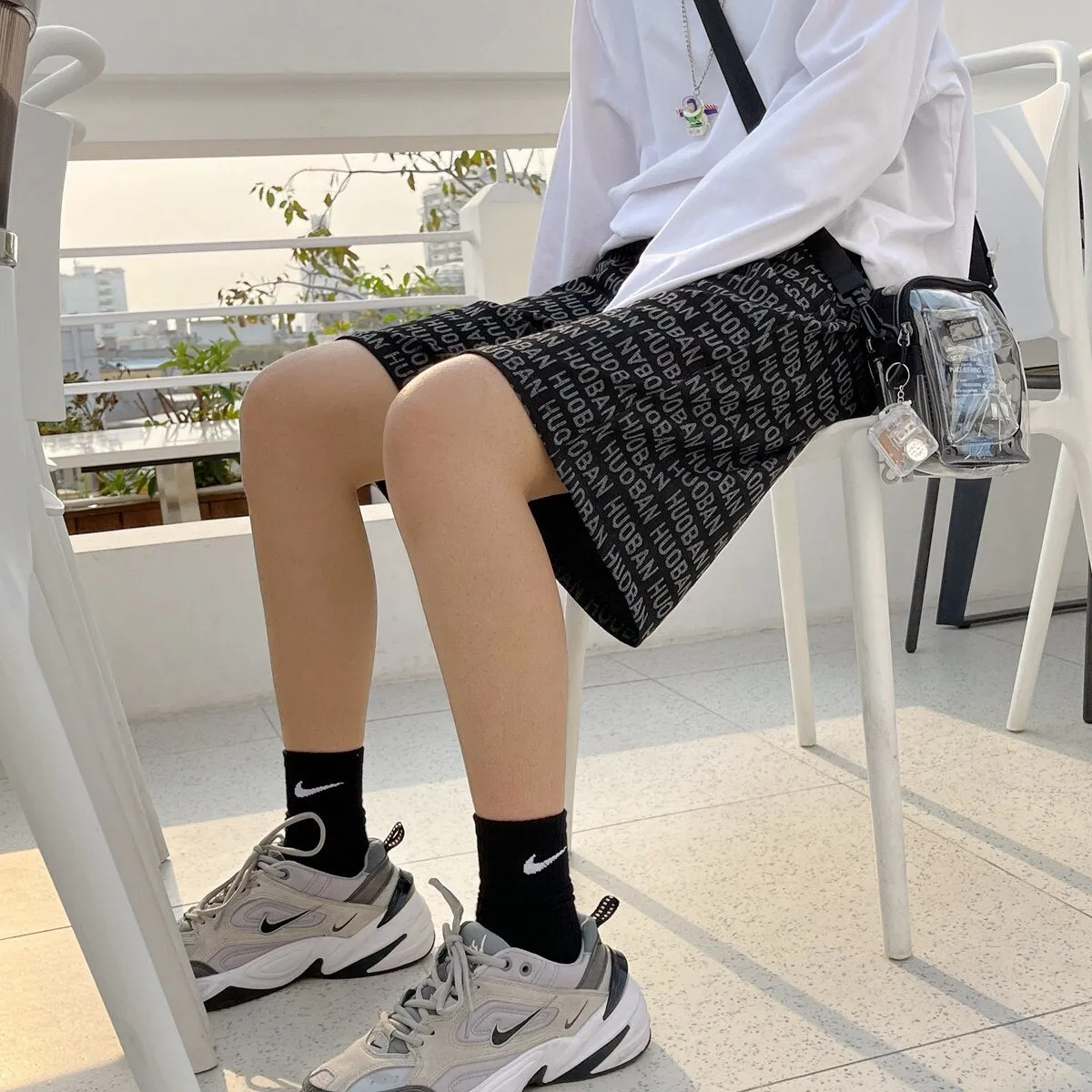 Xituodai Ins Fashion Print Casual Shorts Men Korean Baggy Straight Beach Bermuda Shorts Drawstring Basketball Knee-Length Pants